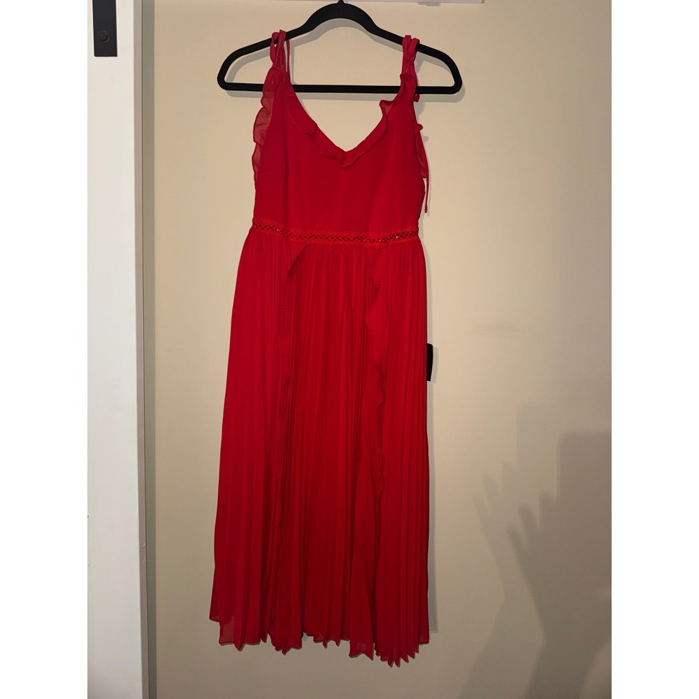 Lulus Red Pleated Ruffle Midi Dress Crochet Waist V-Neck Sleeveless Medium NWT